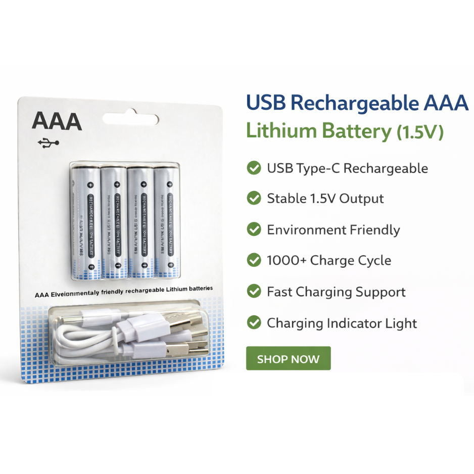 AAA 1.5V USB TYPE-C RECHARGEBLE LI-ION BATTERY (4PCS BATTERY WITH CHARGING CABLE