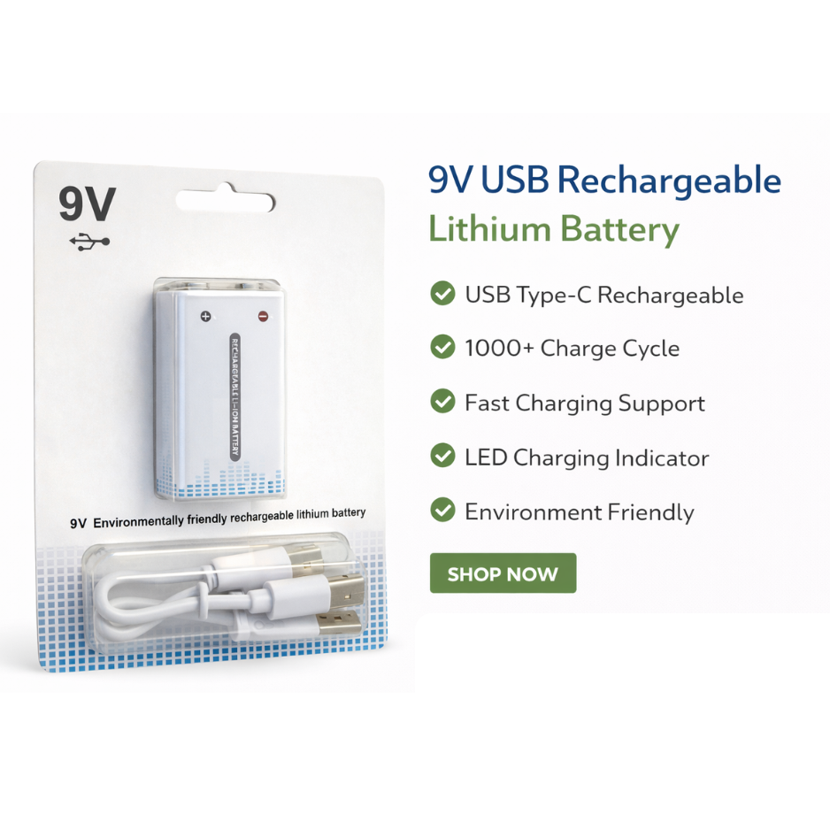 9V USB TYPE-C RECHARGEBLE LI-ION BATTERY (1PCS BATTERY WITH CHARGING CABLE)